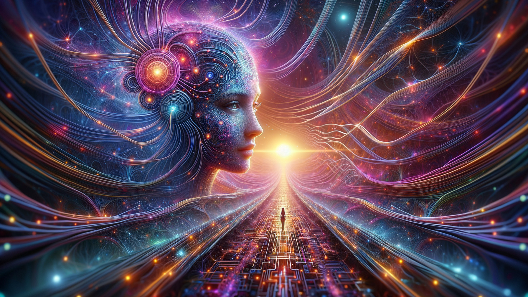 Surreal Futuristic Landscape with Ethereal Head and Sunrise