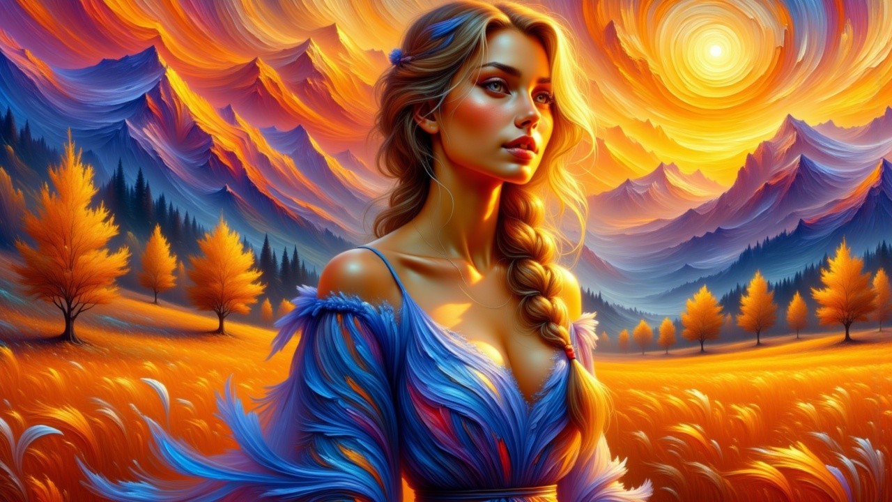 Young woman in vibrant landscape at sunset