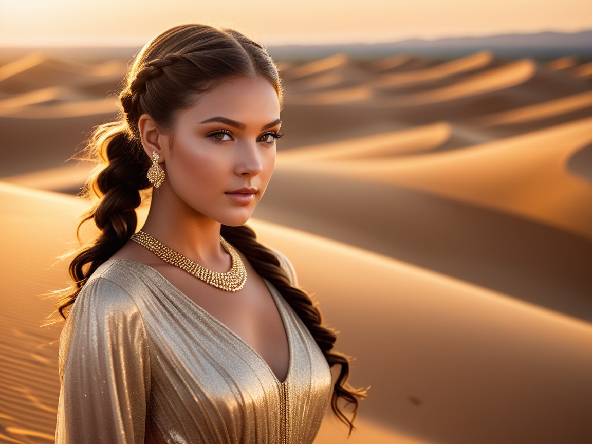 Young Woman in Elegant Gown in Desert at Sunset