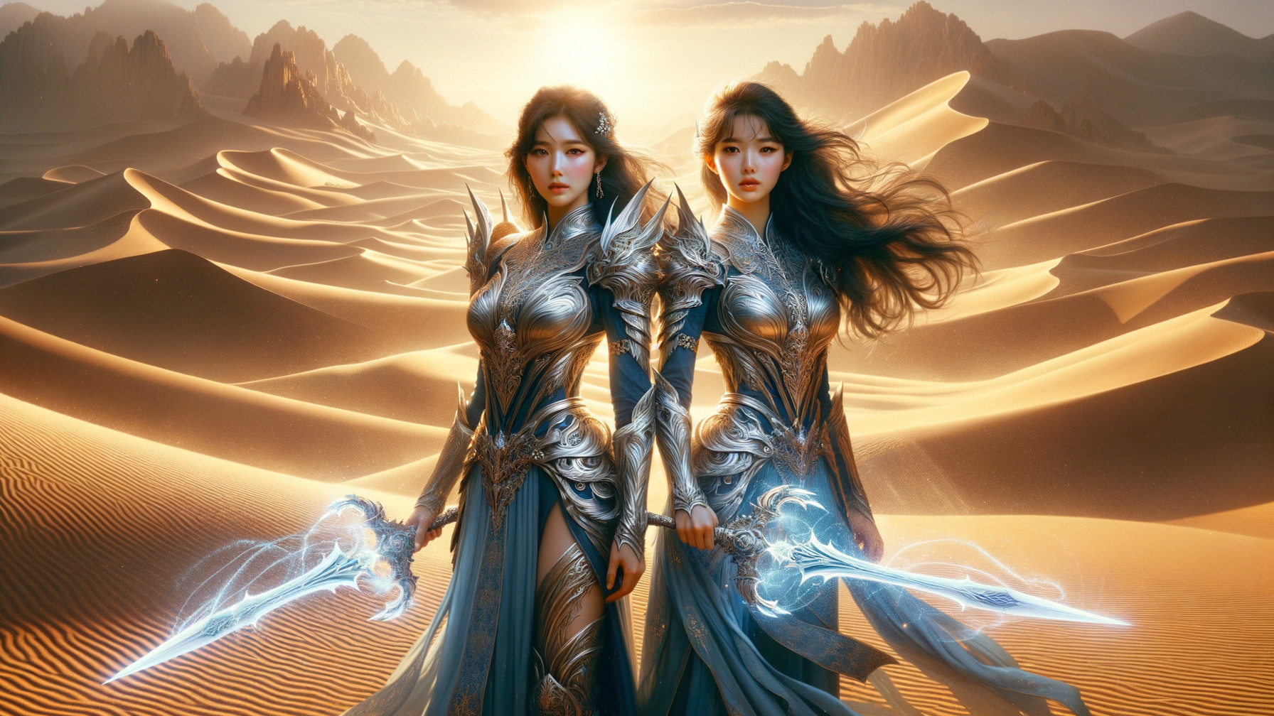Ethereal Warriors in Golden Desert with Glowing Swords