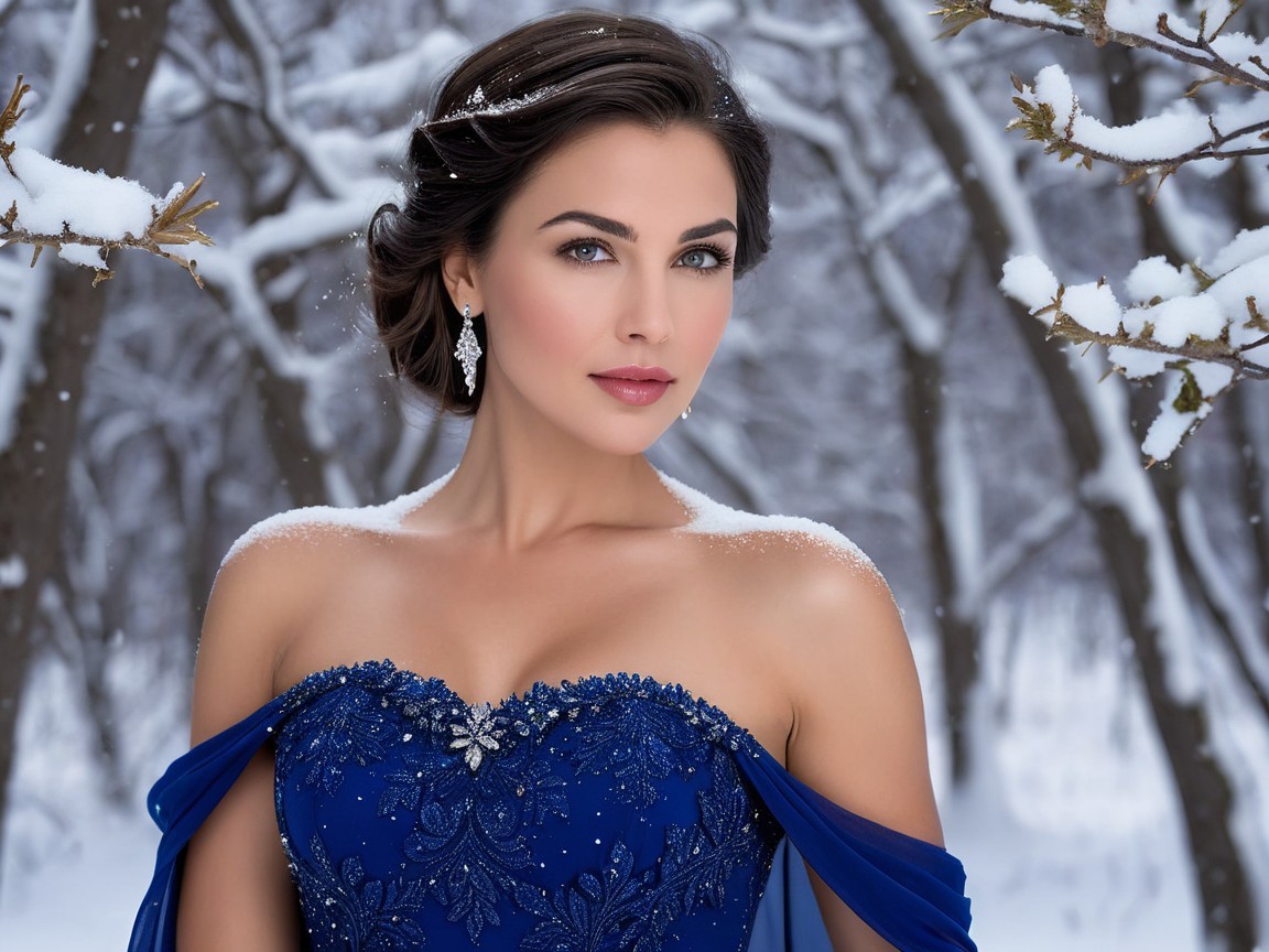 Elegant Woman in Snowy Landscape with Blue Gown