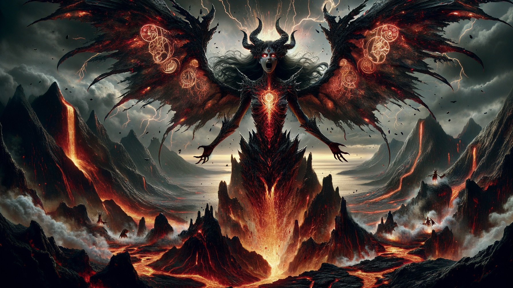 Formidable figure in a fiery landscape with dark wings
