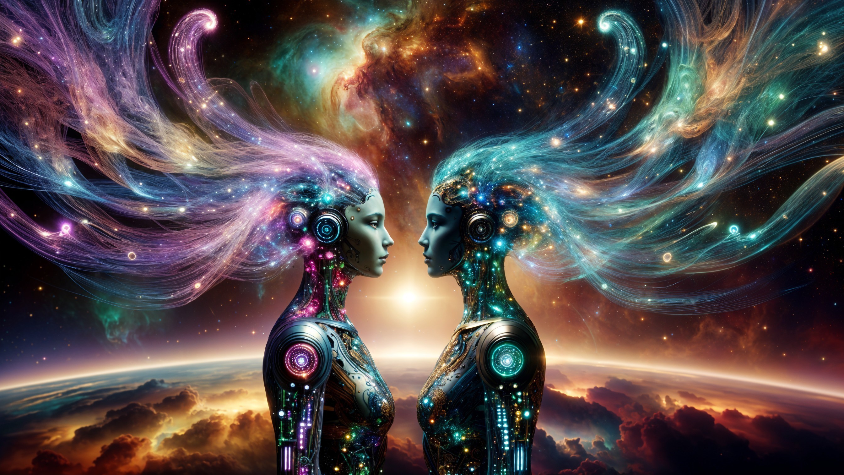 Humanoid Figures with Galactic Heads in Cosmic Landscape