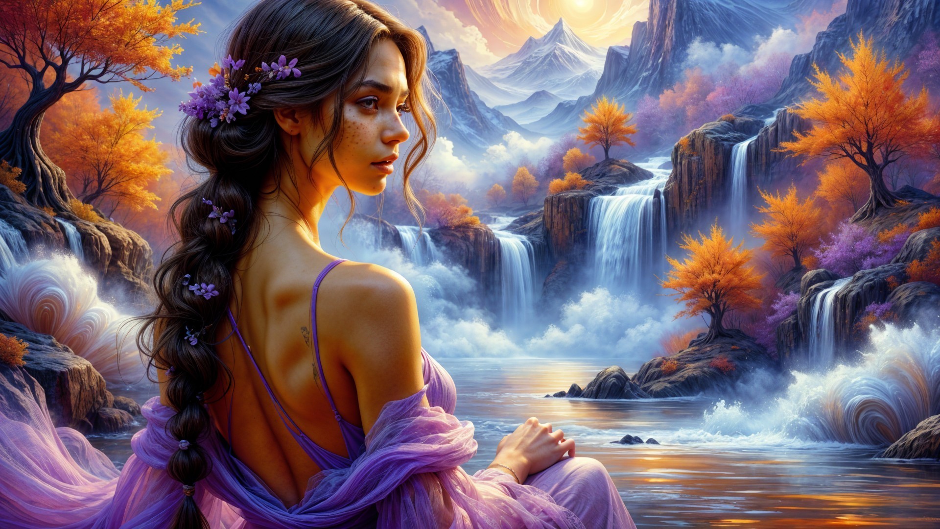 Serene scene of a woman by a tranquil lake