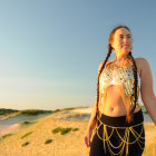 Model in Golden Crop Top and Black Leggings at Sunset