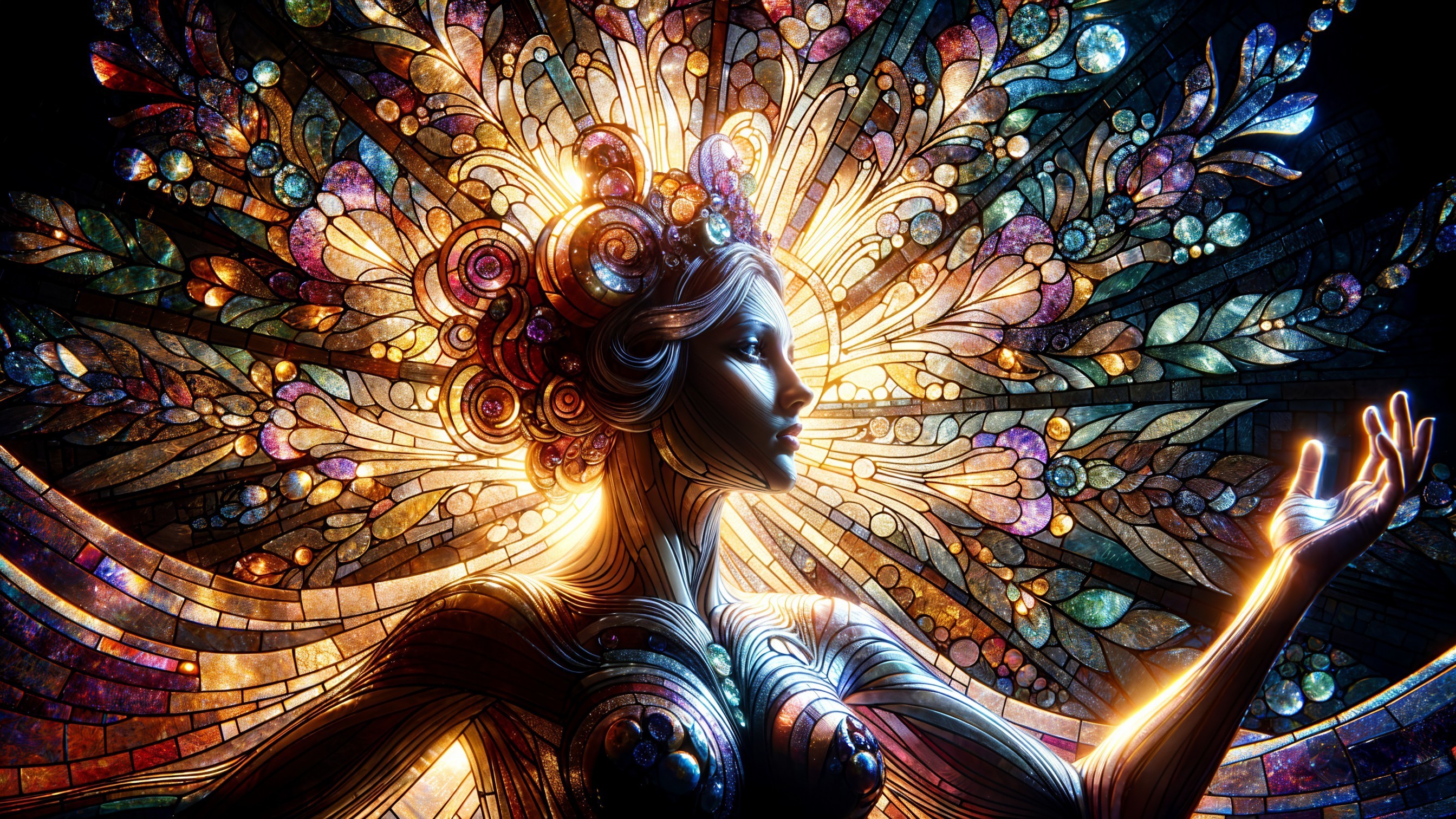 Silhouette of a woman with stained glass and floral design