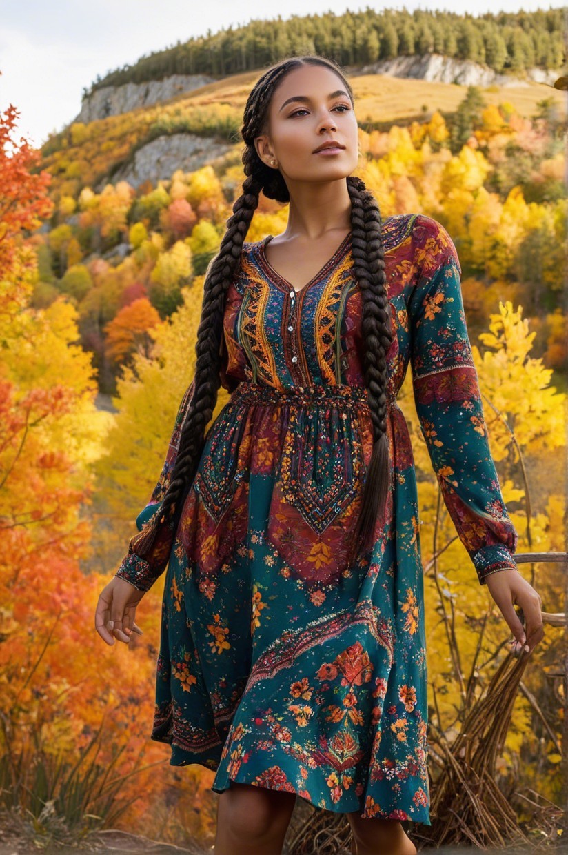 Woman in Colorful Dress Amidst Autumn Foliage