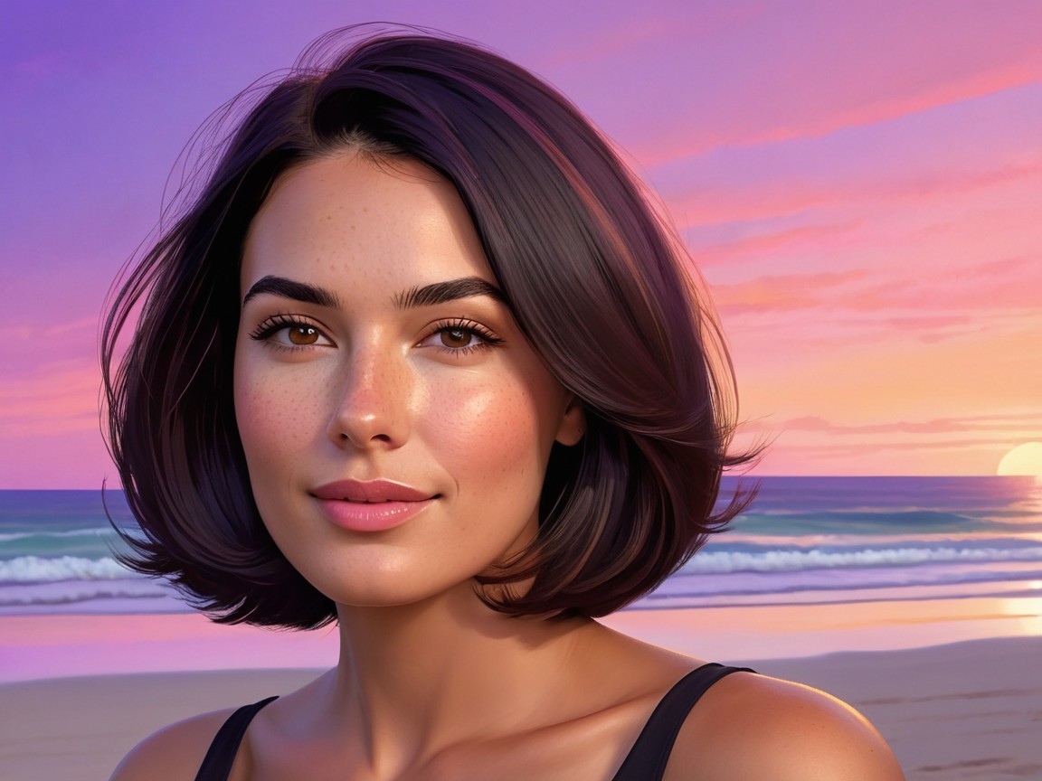 Young woman with radiant skin at a beach sunset