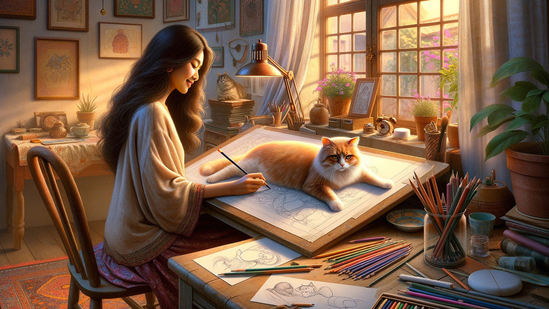 Cozy art studio with a woman drawing and a cat
