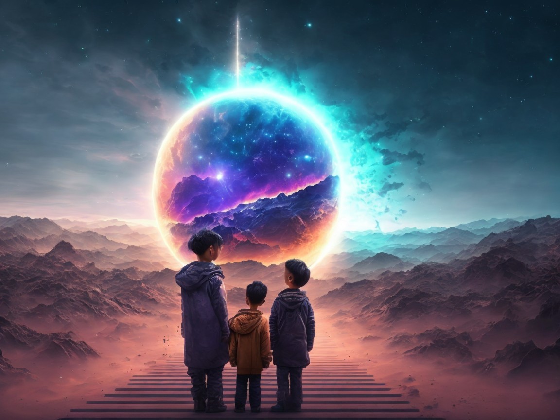 Children on Staircase in Surreal Celestial Landscape