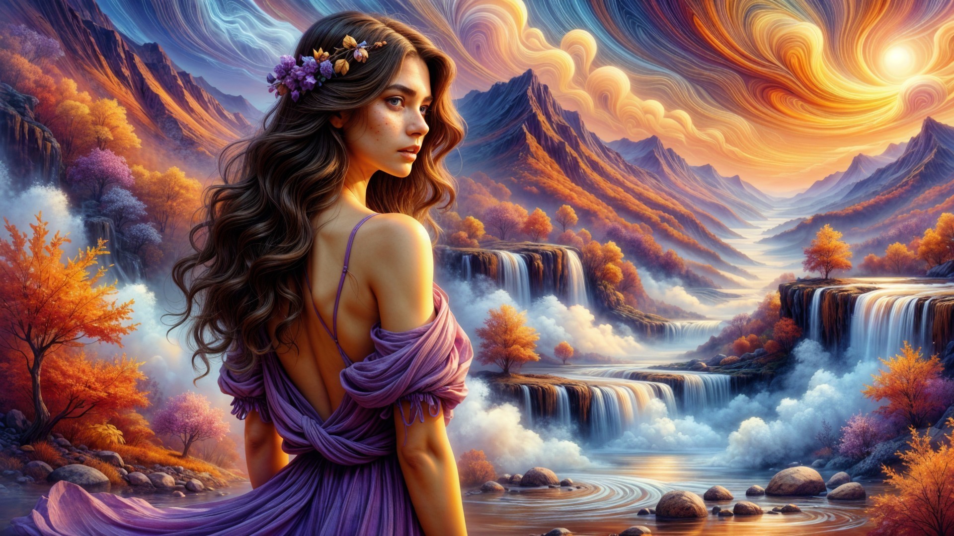 Young woman in purple dress against vibrant sunset landscape