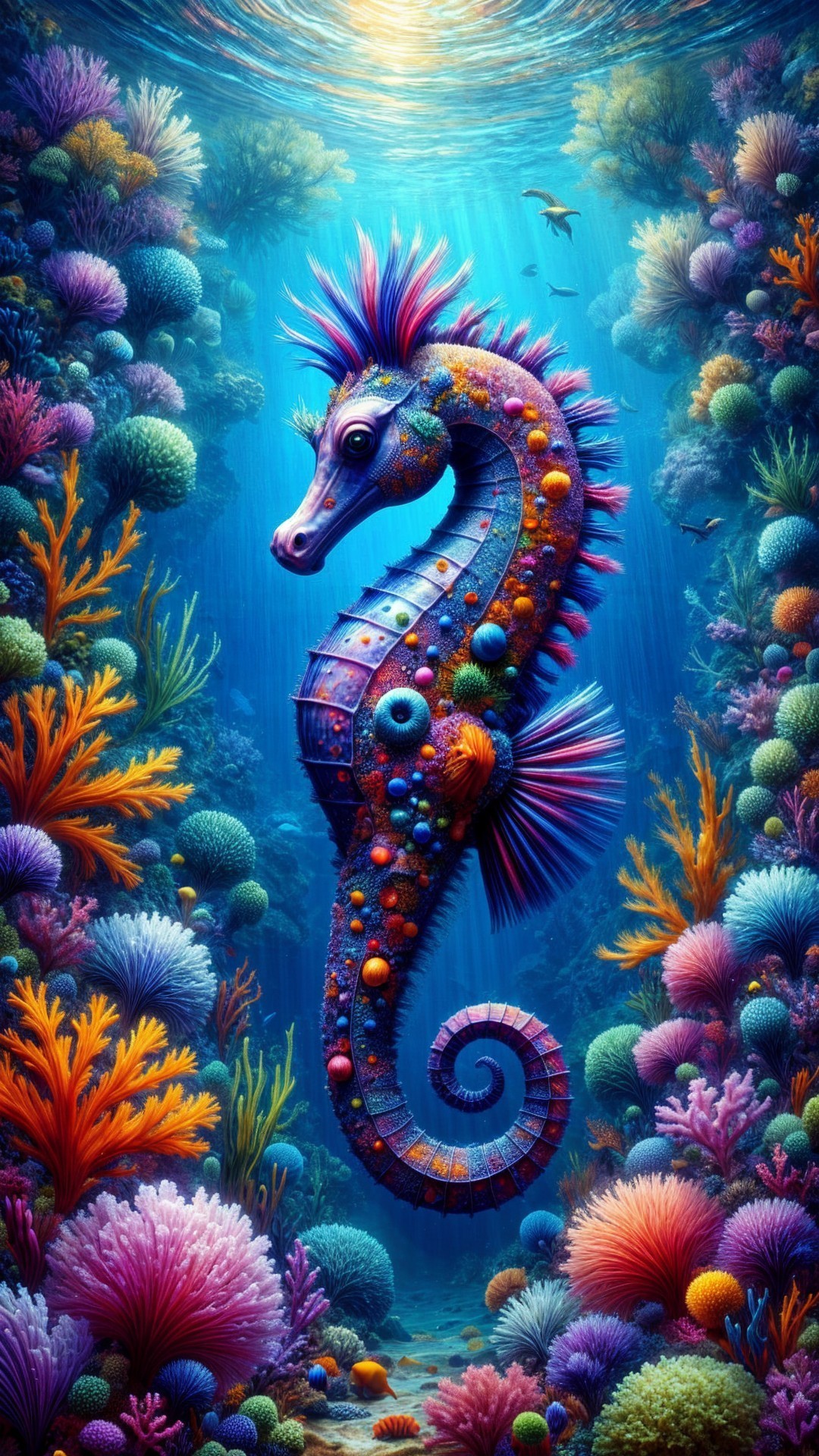 Vibrant Underwater Scene with Colorful Seahorse and Corals