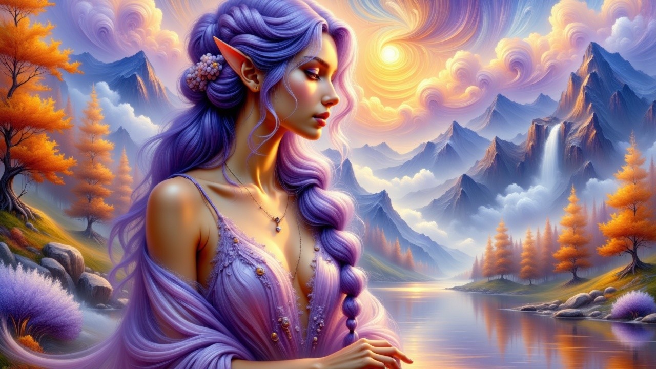 Elegant Elf by a Tranquil Lake at Sunset