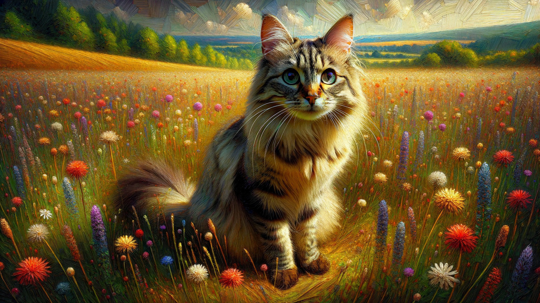 Majestic Cat in Colorful Wildflower Field Scene