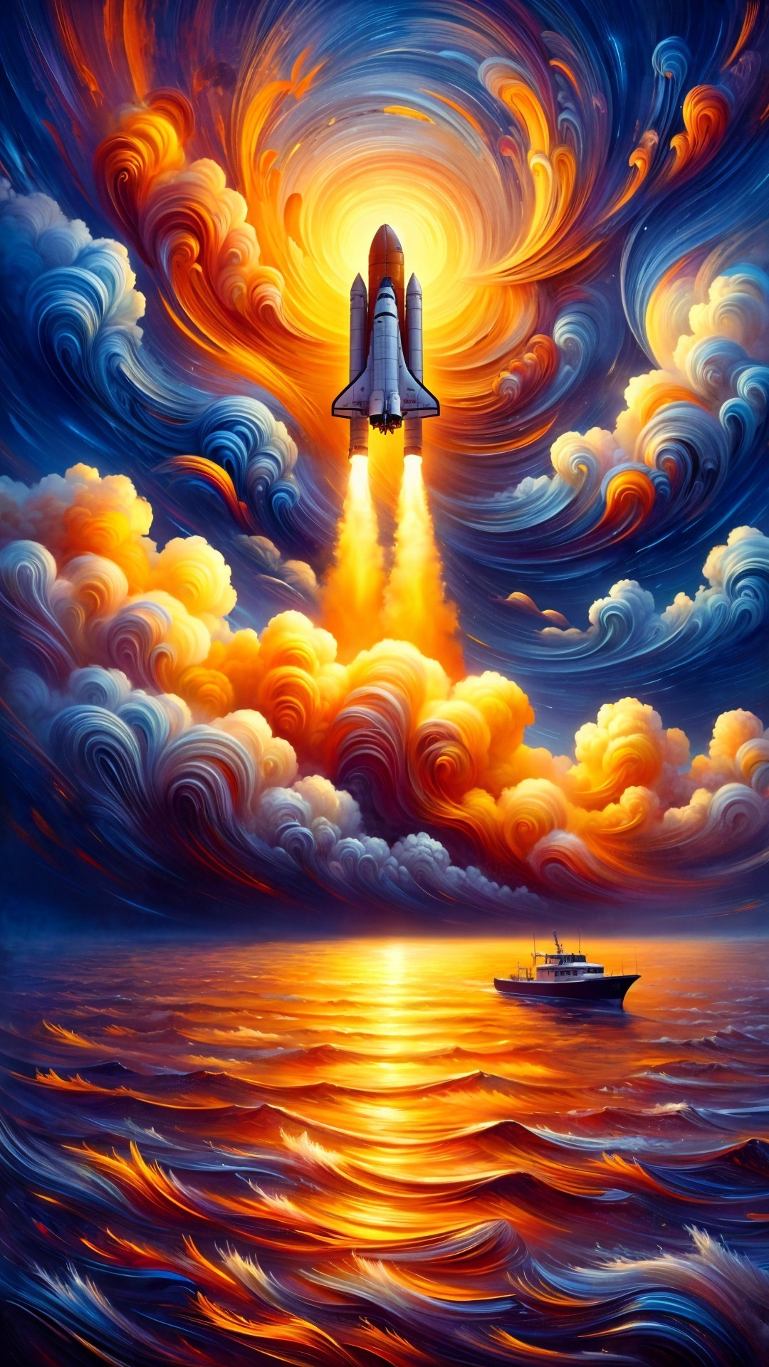 Rocket Launch Over Colorful Sky and Calm Ocean
