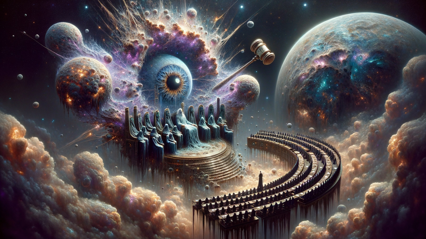 Surreal Cosmic Assembly in Otherworldly Chamber