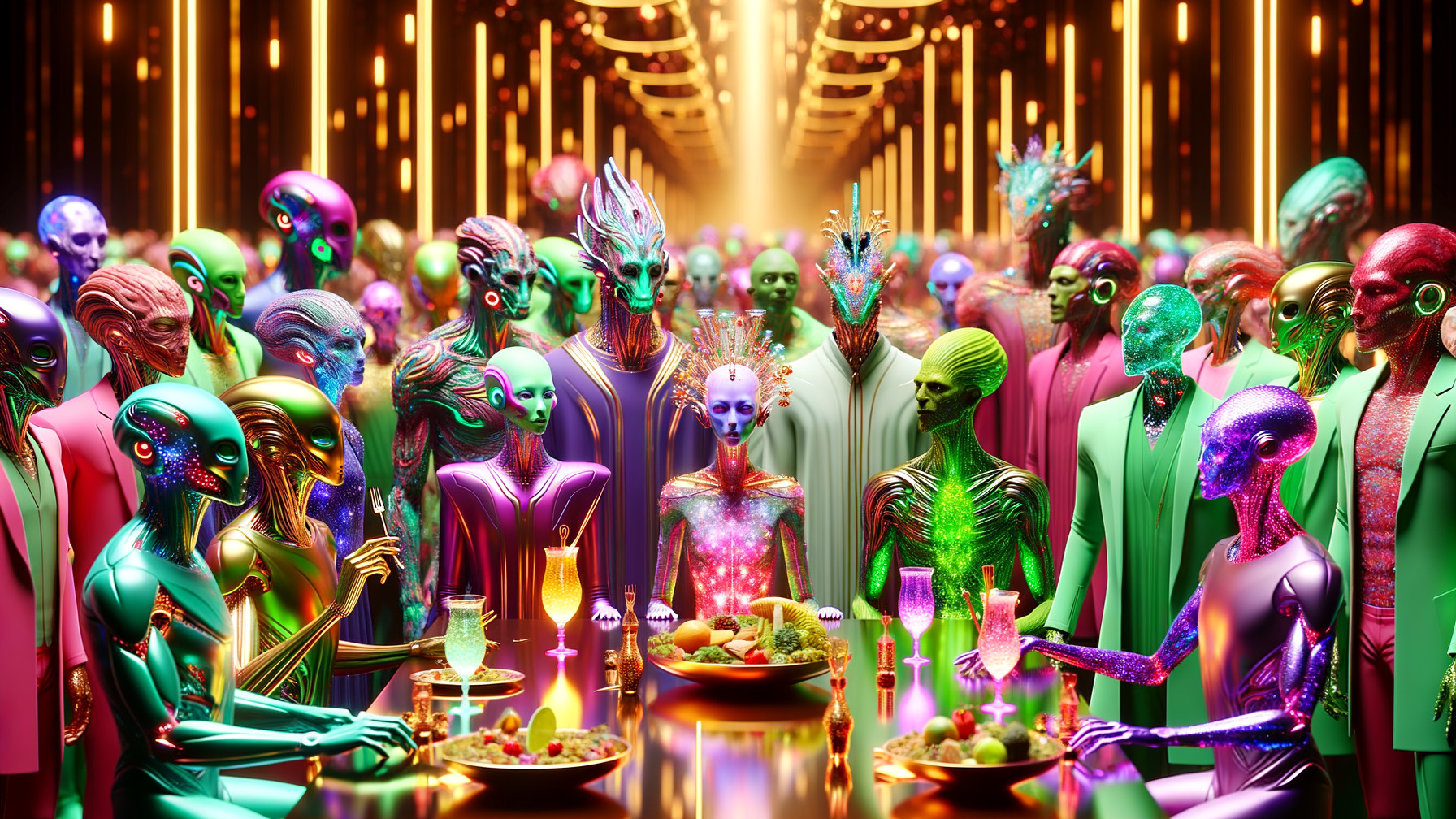 Futuristic Aliens in a Colorful Grand Hall Gathering