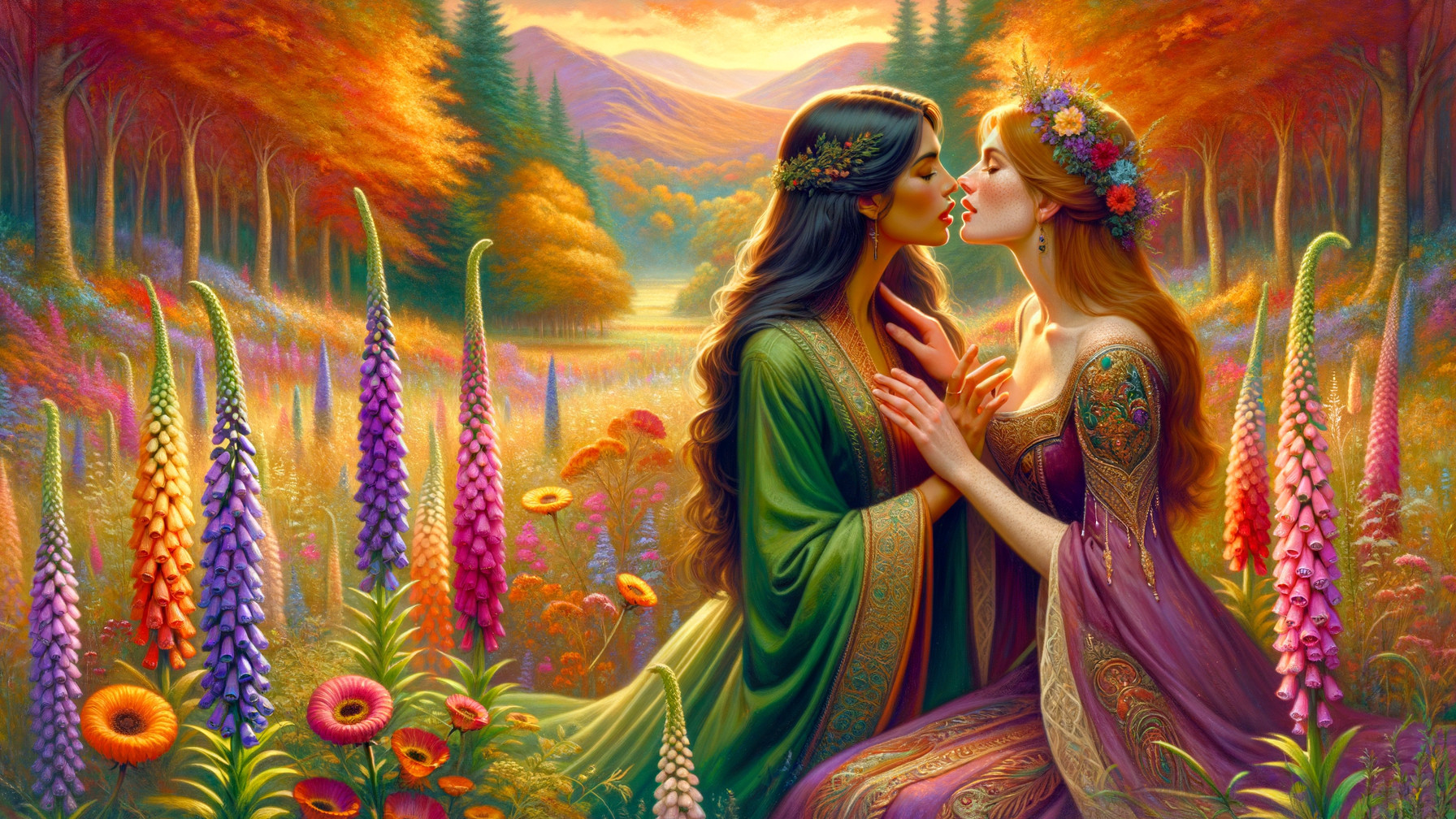 Elegant Women Embracing in Enchanted Landscape
