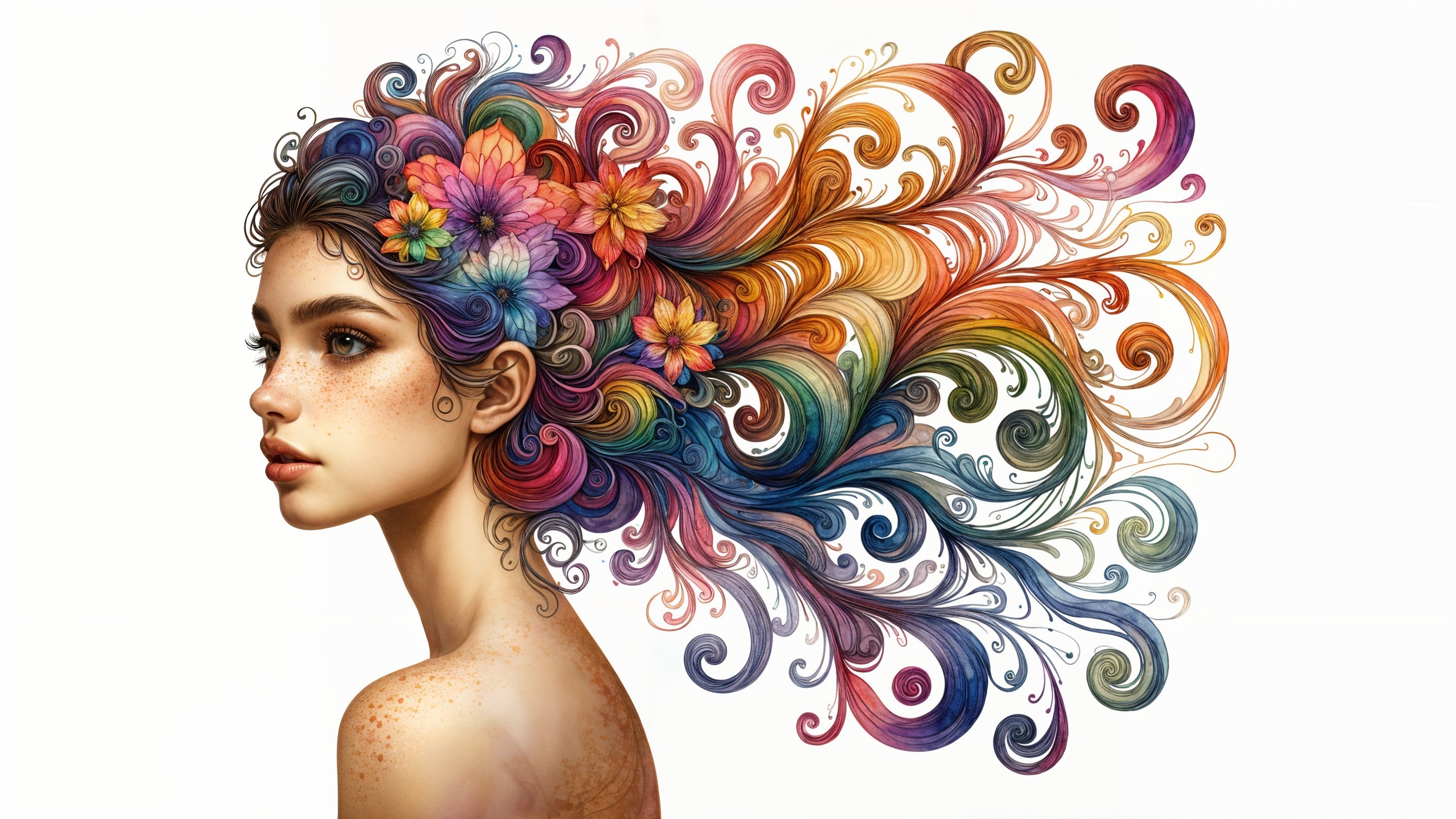Portrait of a Young Woman with Colorful Hair and Flowers