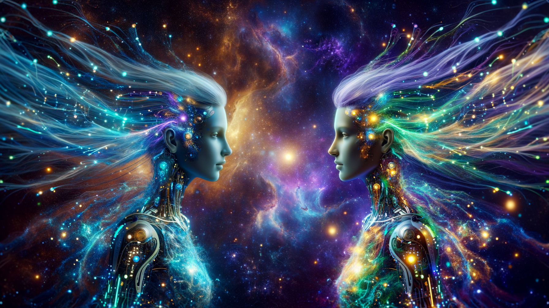 Humanoid Figures in Cosmic Background with Nebulae