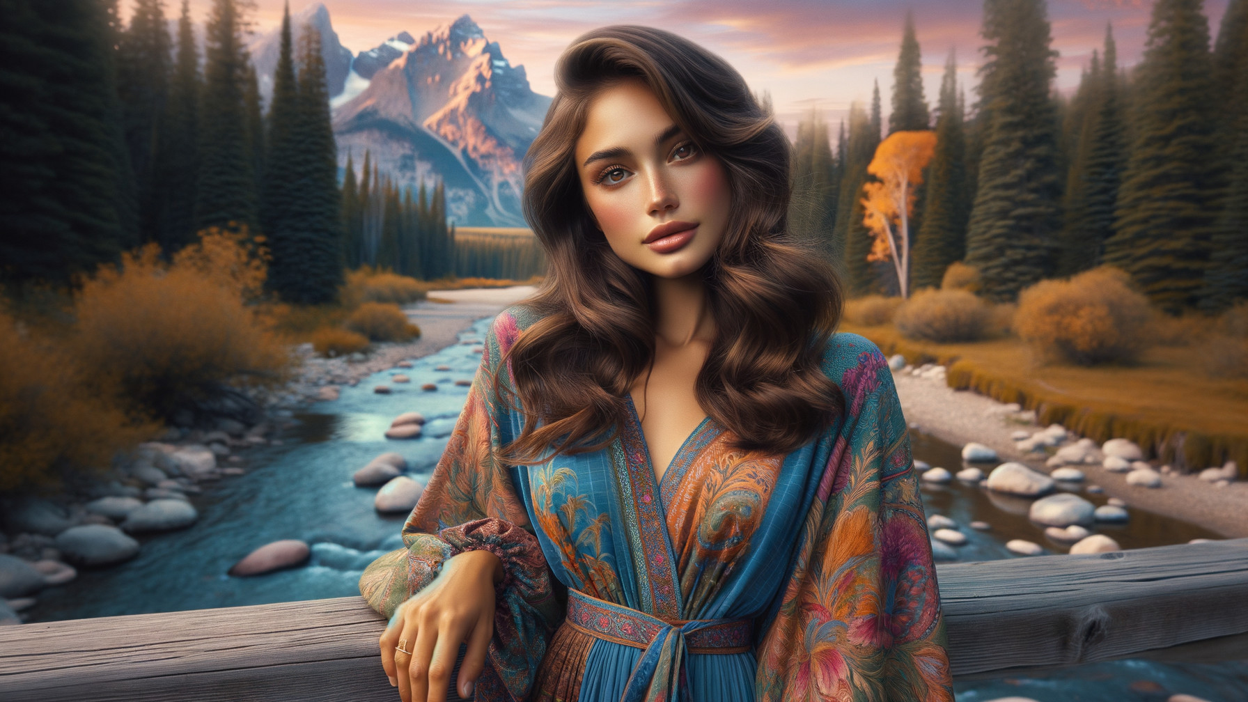 Woman by River in Colorful Robe Amidst Mountains