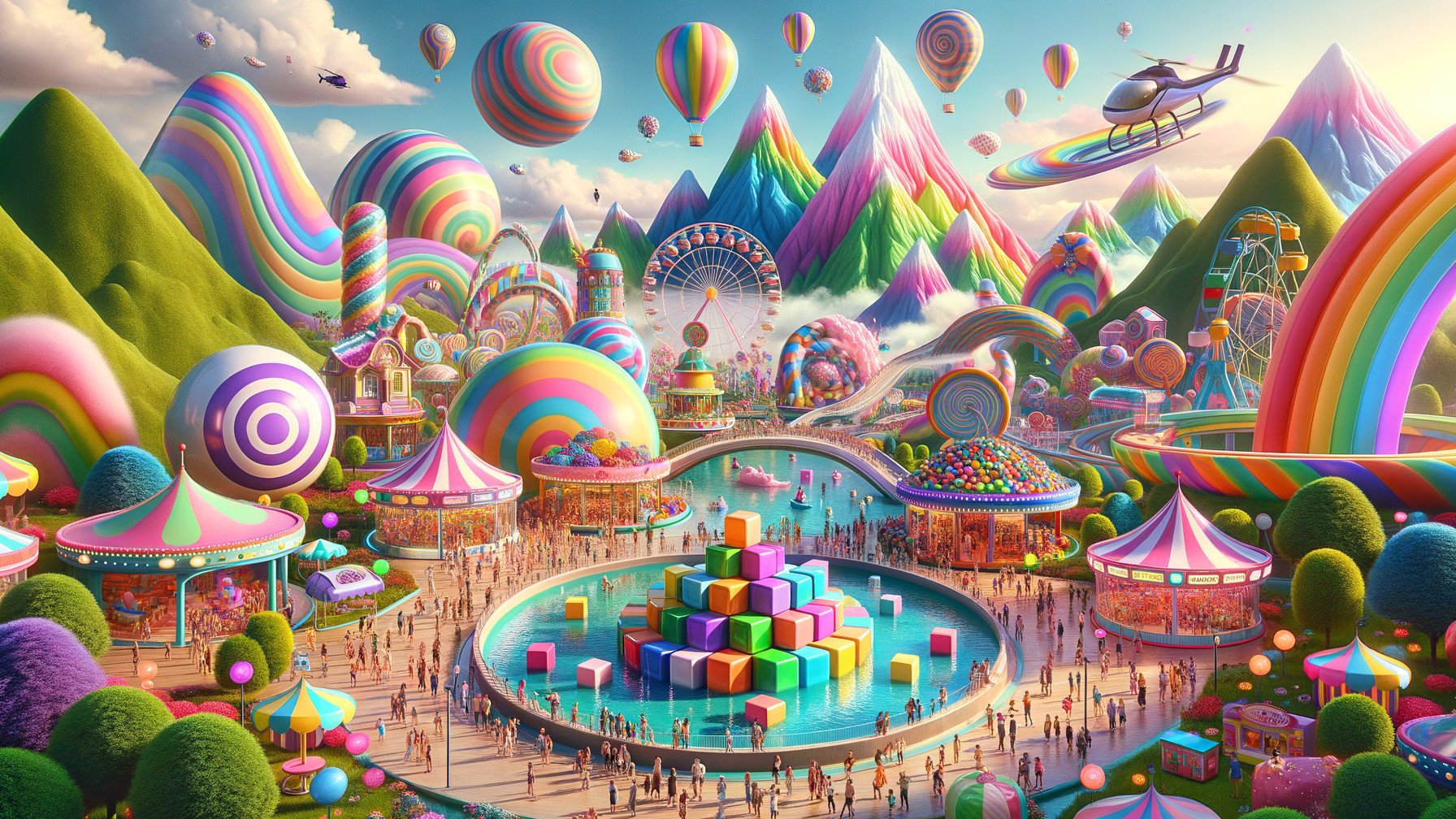 Vibrant Amusement Park with Colorful Mountains and Hills