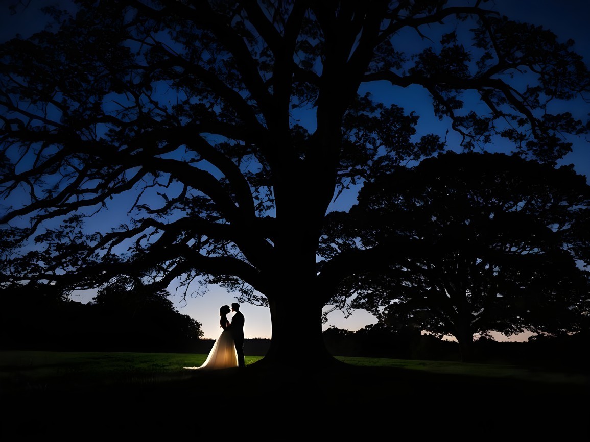 Silhouetted Couple Beneath Tree at Dusk