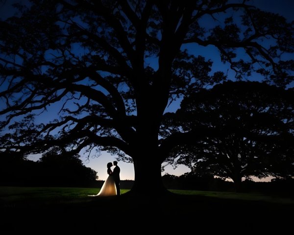 Silhouetted Couple Beneath Tree at Dusk