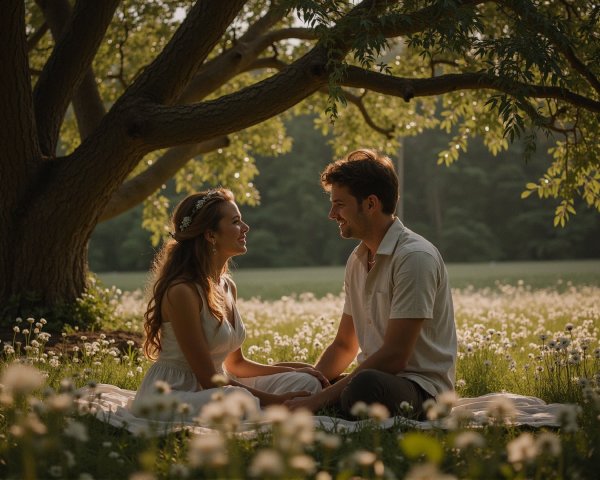 Couple in Sunlit Meadow Surrounded by Dandelions