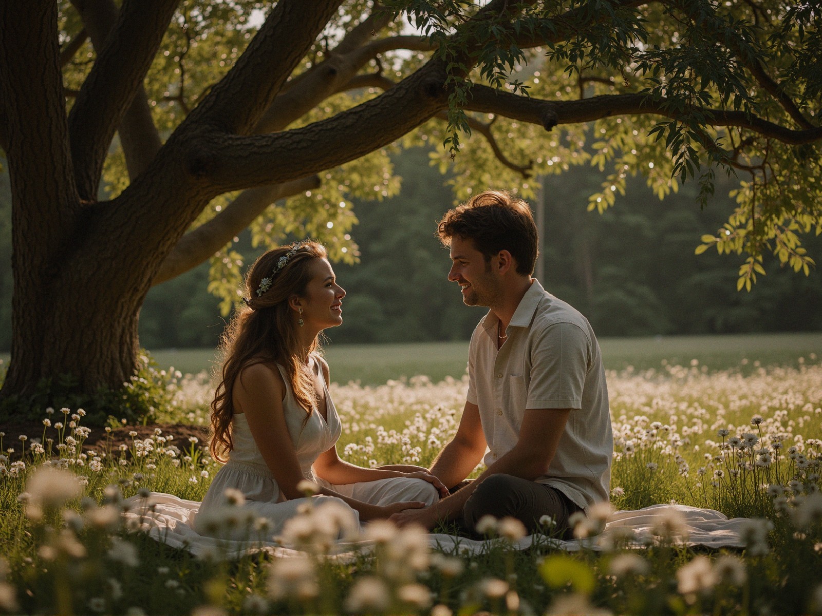 Couple in Sunlit Meadow Surrounded by Dandelions