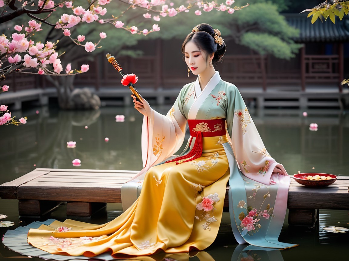 Woman in Floral Kimono by Cherry Blossoms on Pier