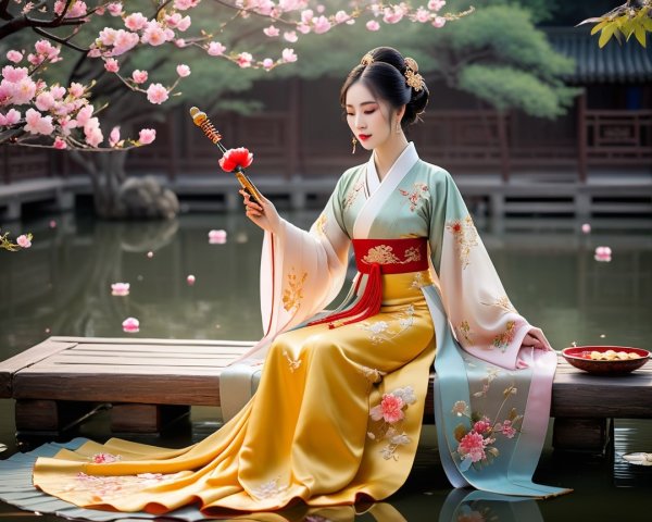 Woman in Floral Kimono by Cherry Blossoms on Pier