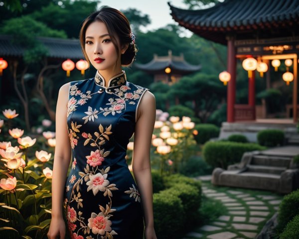 Elegant Woman in Blue Cheongsam in Serene Garden