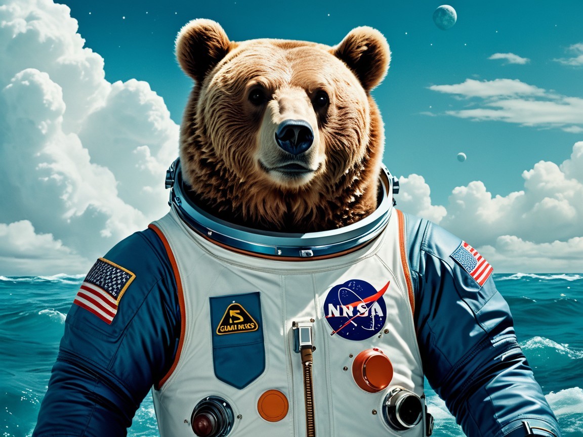 Bear in Space Suit Against Blue Sky and Clouds