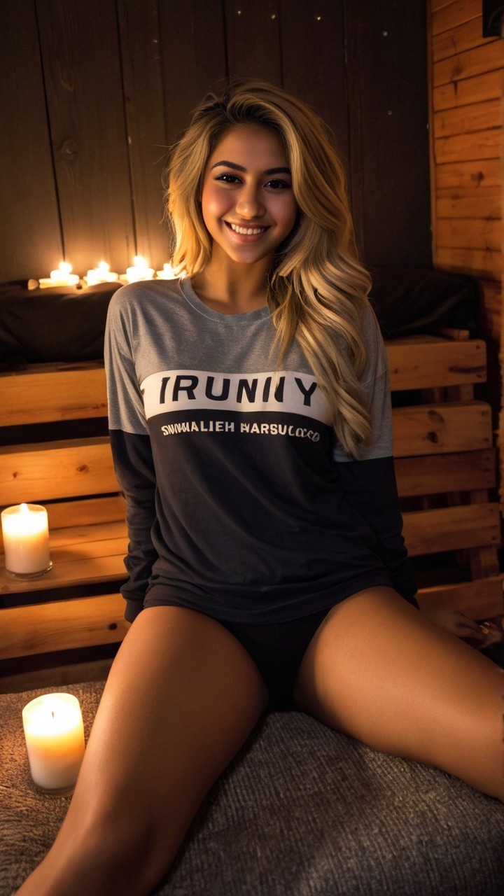 Young woman in cozy setting with candlelight ambiance