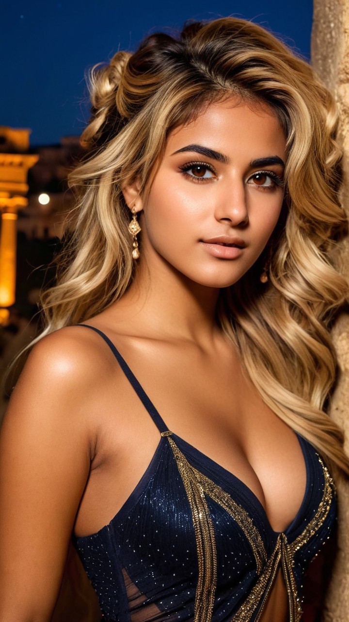 Elegant woman in glamorous outfit with radiant glow
