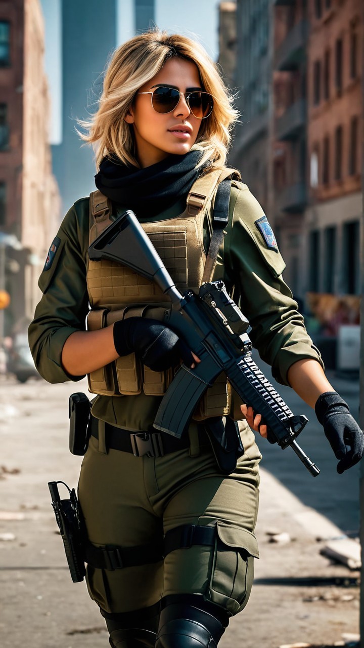 Female Soldier in Tactical Gear in Urban Setting