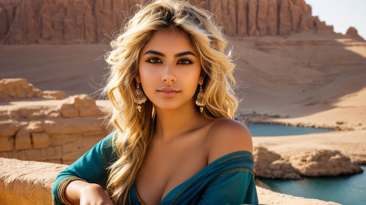 Young Woman in Teal Garment Against Desert Landscape