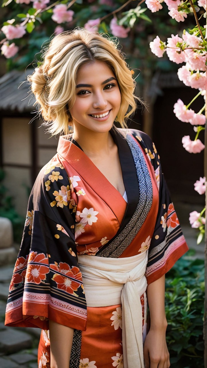 Young woman in vibrant floral kimono among cherry blossoms