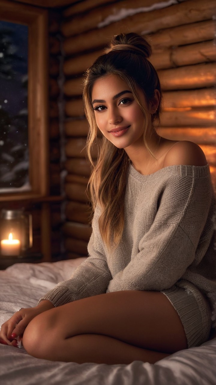 Cozy Cabin Scene with Young Woman and Winter View