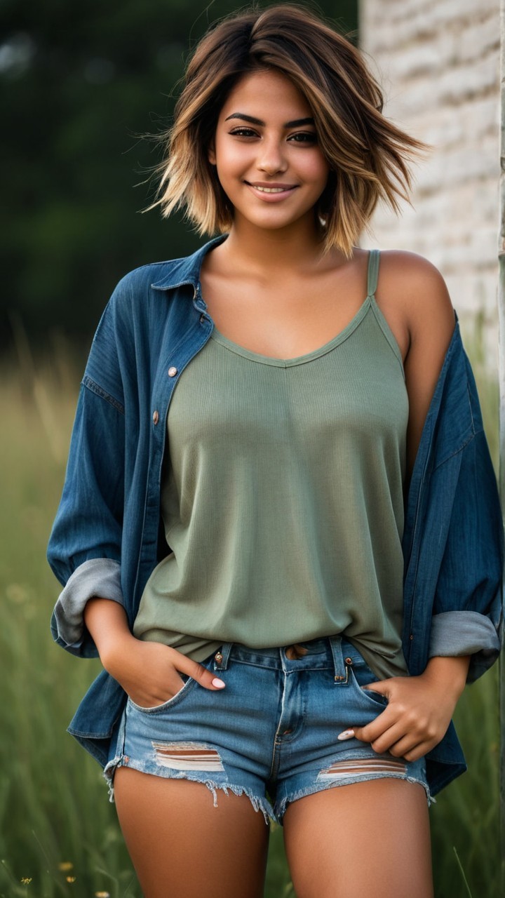 Young woman in sunlit field with casual attire