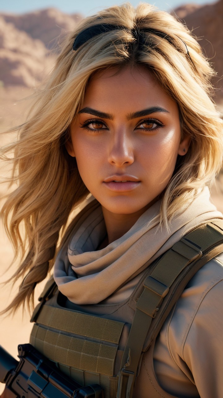 Young woman in tactical gear in desert sunset scene