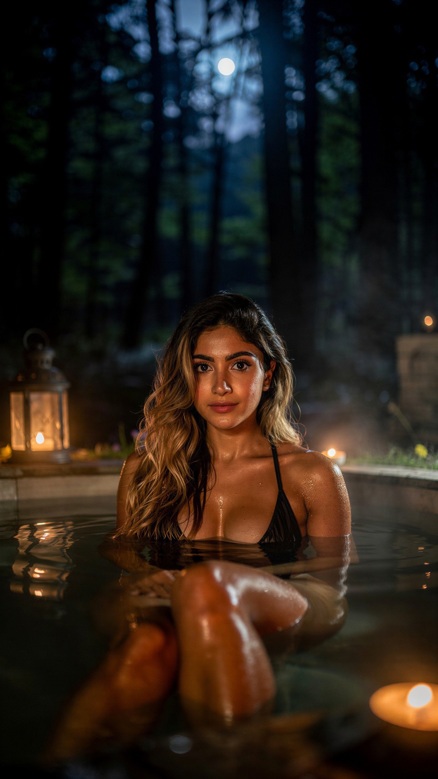 Young Woman in Hot Tub Surrounded by Nature at Night