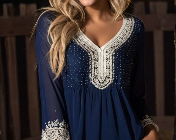 Young woman in navy dress with moonlit backdrop