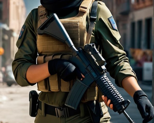 Female Soldier in Tactical Gear in Urban Setting