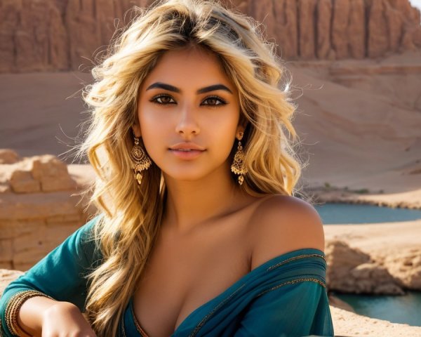 Young Woman in Teal Garment Against Desert Landscape