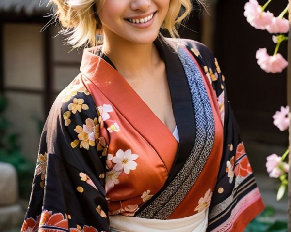 Young woman in vibrant floral kimono among cherry blossoms