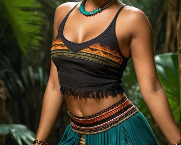 Young Woman in Jungle with Tribal Fashion Elements