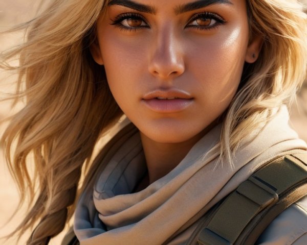 Young woman in tactical gear in desert sunset scene
