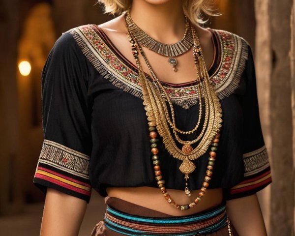 Young woman in elegant attire with colorful embroidery